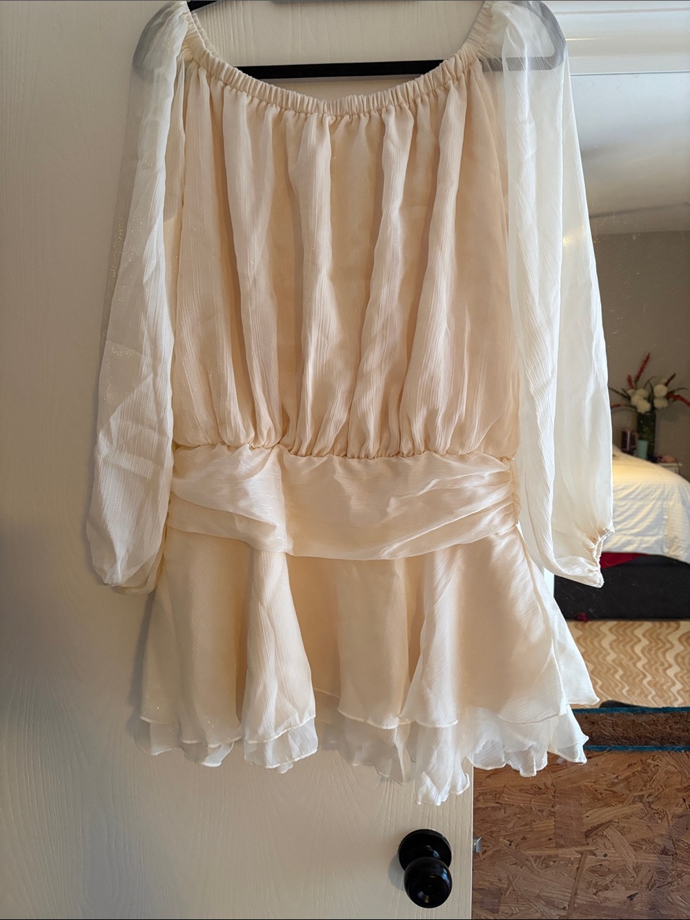 Cream Chiffon shimmery champagne short Comfy strapless Dress Fits S or M!